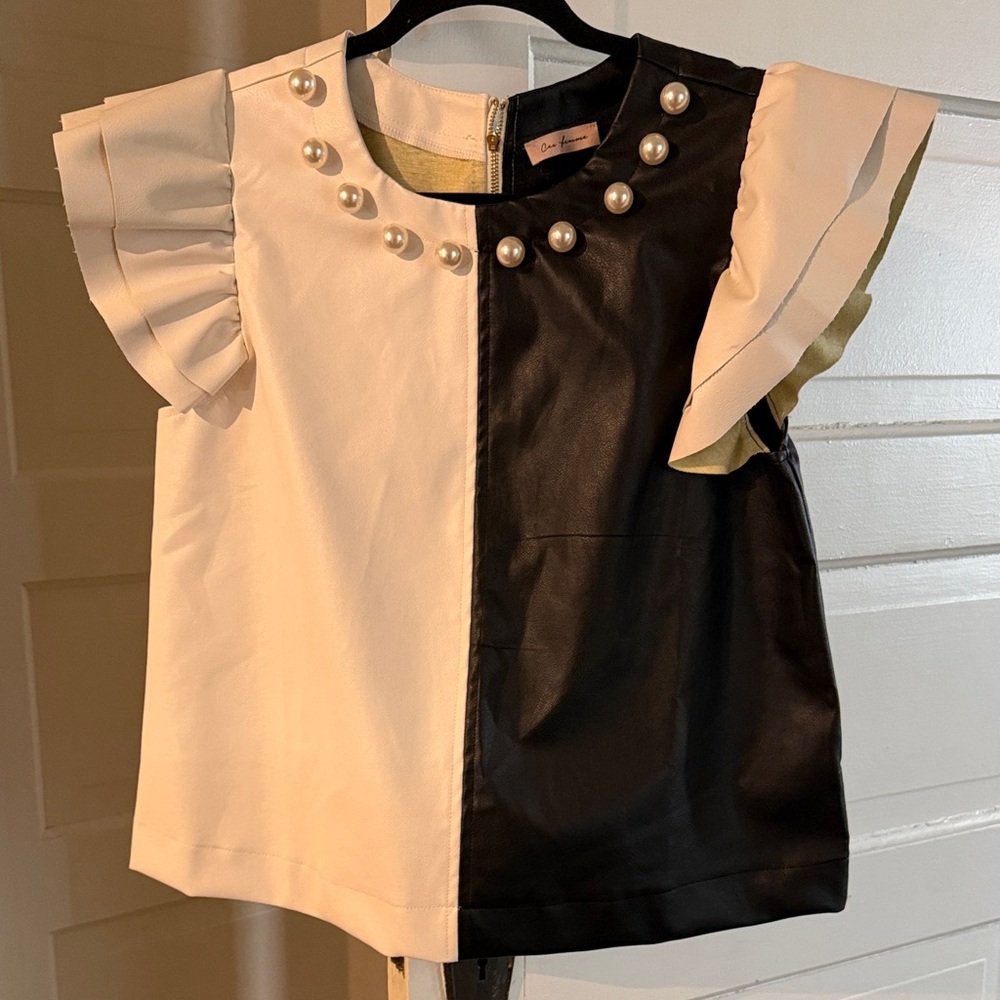 Ces Femme Black and Cream Blouse with Pearl Accents